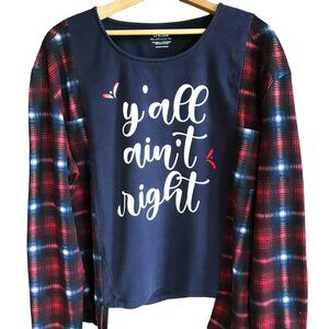 Upcycled Flannel Shirt: Reworked Oversized Y’all Ain’t Right Graphic, Size M-L